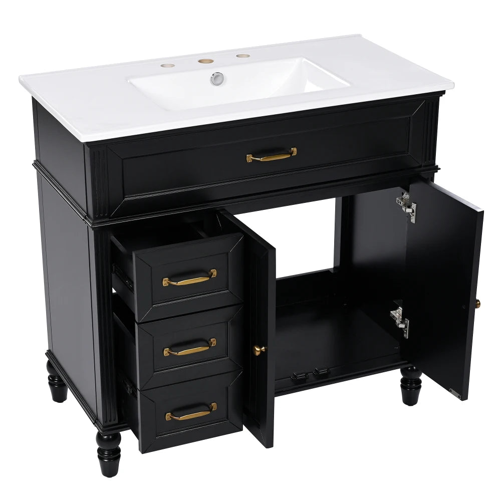 Freestanding 36" Black  Bathroom Vanity w/Retro Gold Handles & Ceramic Sink
