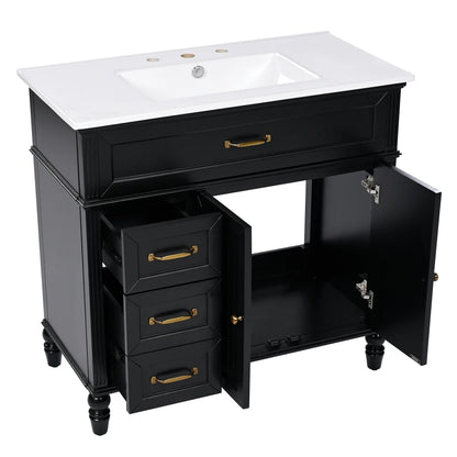 Freestanding 36" Black  Bathroom Vanity w/Retro Gold Handles & Ceramic Sink