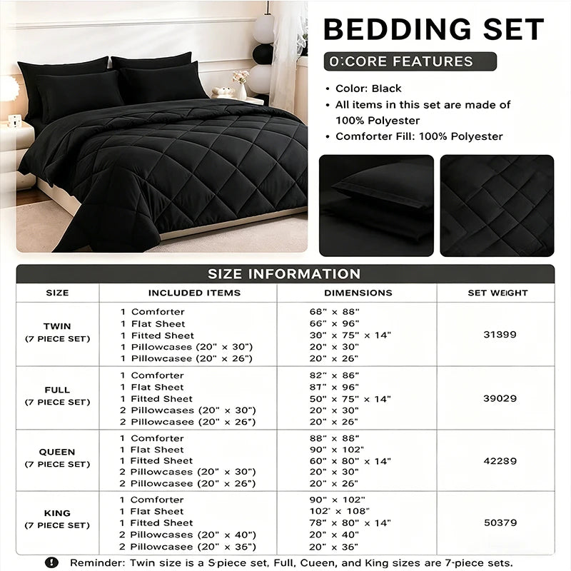 FISHDRU 5pcs/7pcs Diamond Quilted Bedding Comforter Set - Complete Bed in a Bag with Pillowcases and Shams, solid-color diamond quilted comforter set
