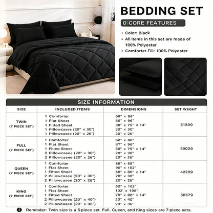 FISHDRU 5pcs/7pcs Diamond Quilted Bedding Comforter Set - Complete Bed in a Bag with Pillowcases and Shams, solid-color diamond quilted comforter set