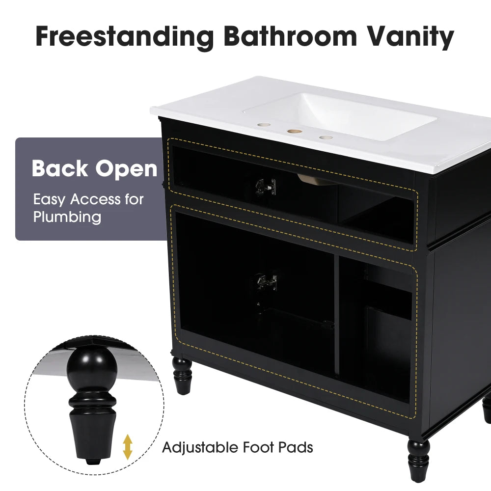 Freestanding 36" Black  Bathroom Vanity w/Retro Gold Handles & Ceramic Sink