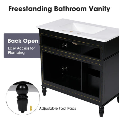 Freestanding 36" Black  Bathroom Vanity w/Retro Gold Handles & Ceramic Sink