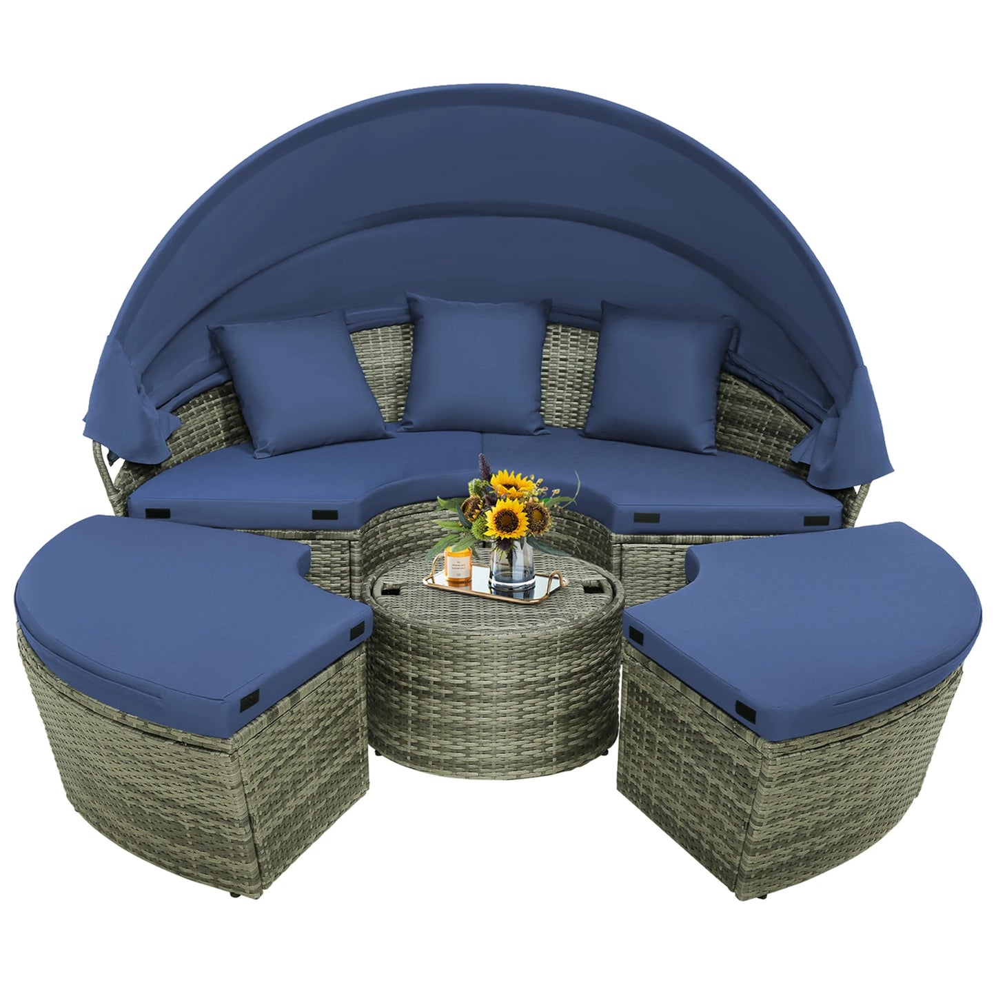 Round Wicker Patio Daybed w/Retractable Canopy