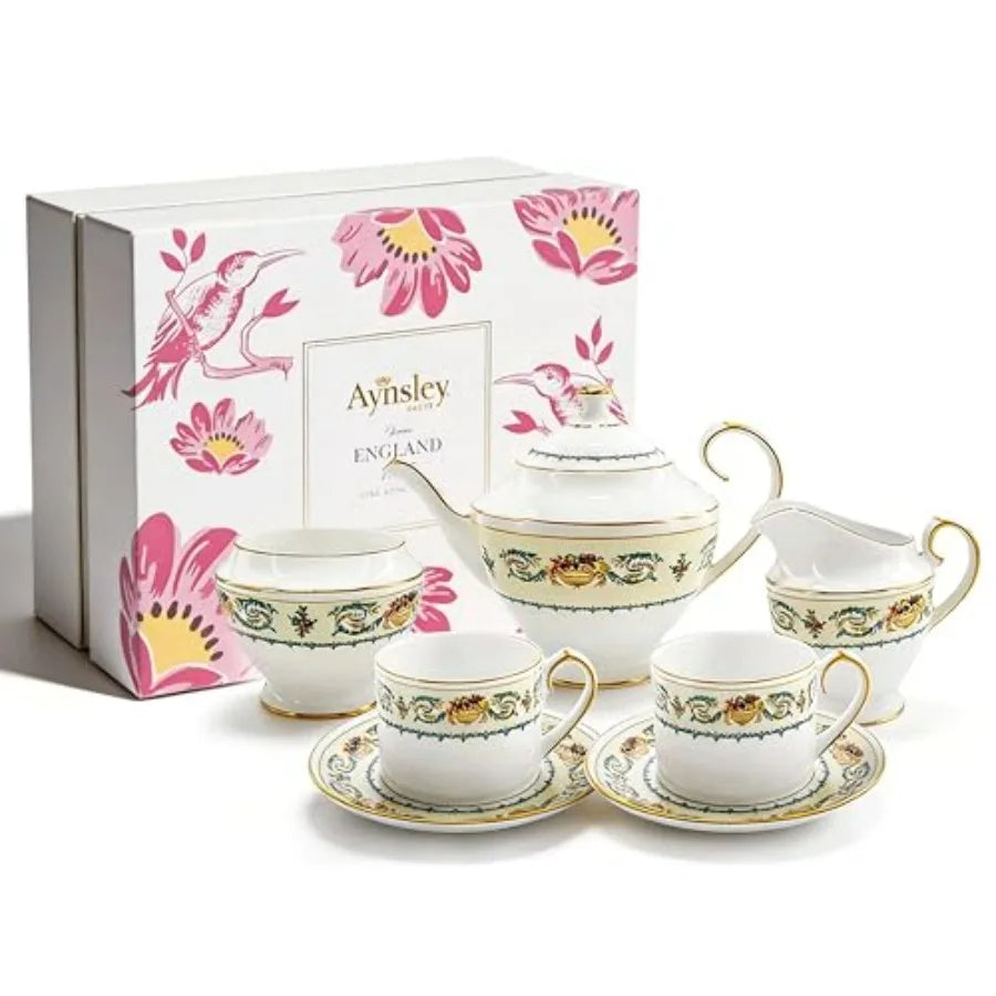 Aynsley 7-Piece Tea Set includes vibrant teapot, cups, and saucers for a stunning tea party experience.