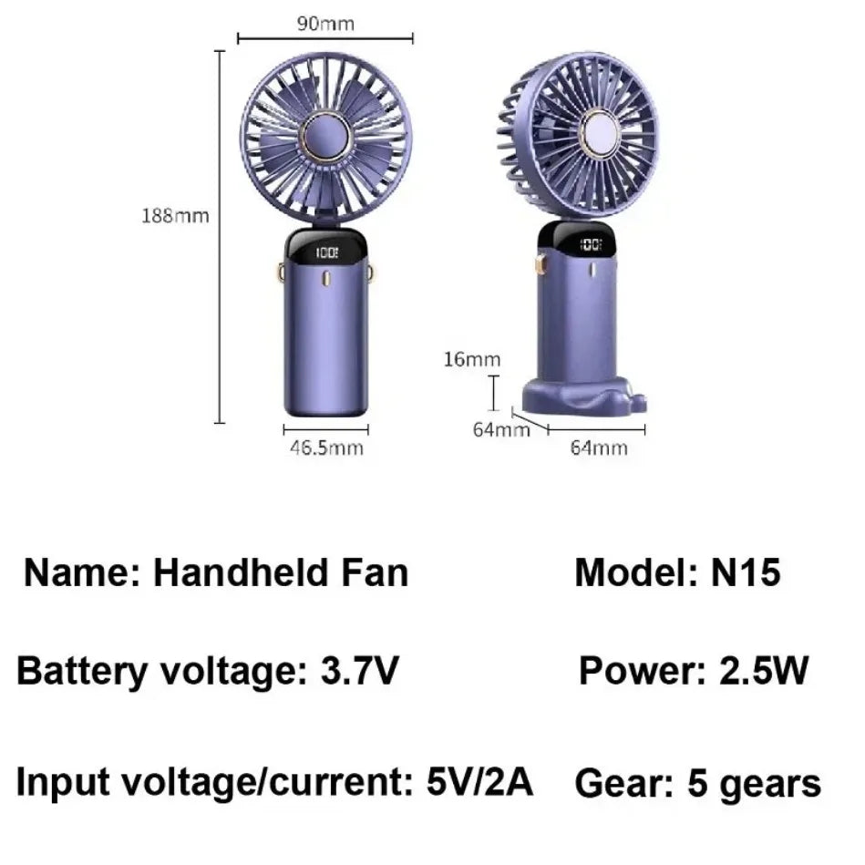 BreezeMate Rechargeable Handheld Mini Fan - LED Digital Display with 5 Speeds - Purple/White, 90-degree foldable rechargeable handheld fan