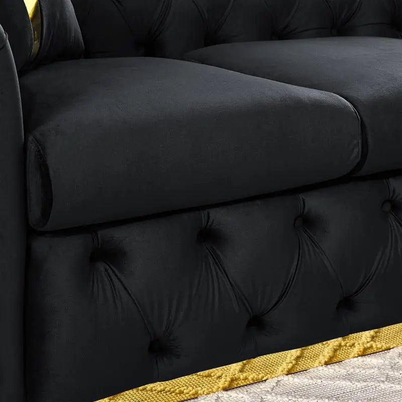 Luxury Black Velvet Button Tufted Sofa w/Gold Stainless Steel Accents