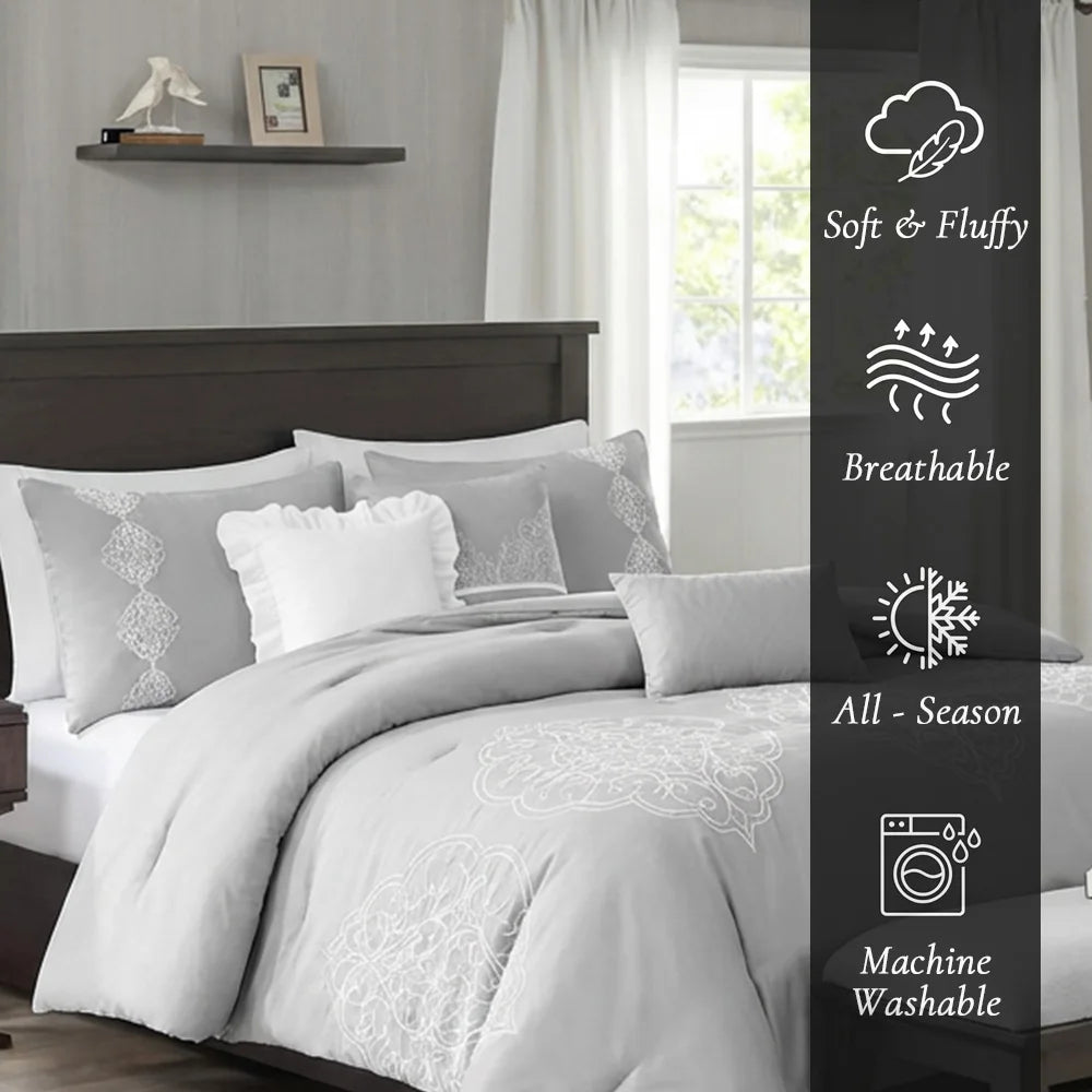 Complete bedroom setup showcasing the Queen King Microfiber 6-Piece Comforter Set, Silver Medallion.