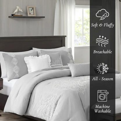 Complete bedroom setup showcasing the Queen King Microfiber 6-Piece Comforter Set, Silver Medallion.