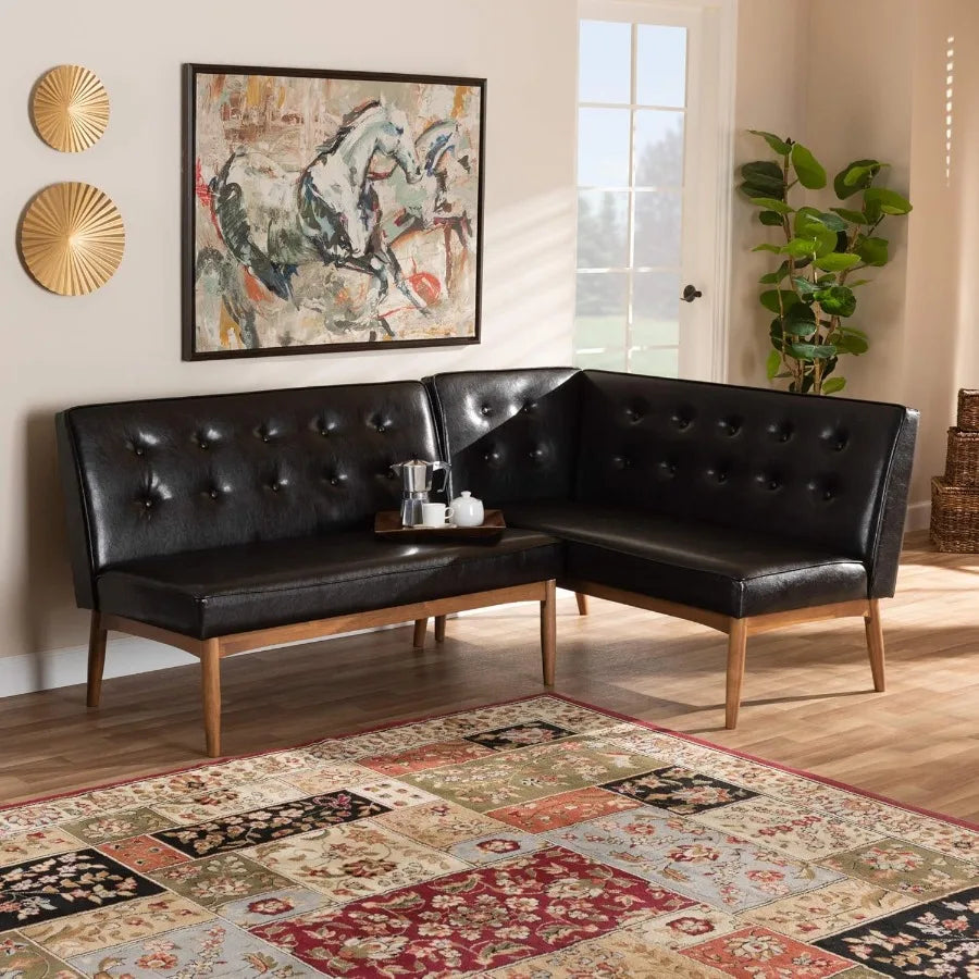 Mid-Century Modern 2-Piece Dark Brown Wood Dining Corner Sofa Bench featuring stylish button tufting and a cozy L-shape design, ideal for contemporary dining spaces, and categorized as a mid-century modern bench.