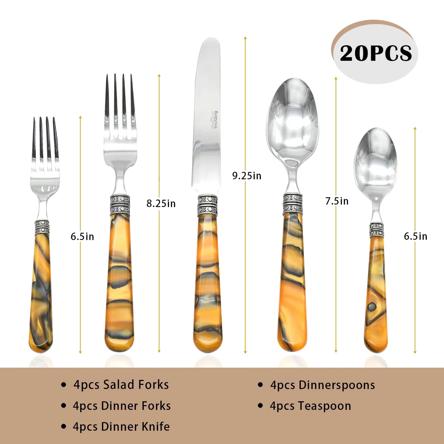 20-Piece Tortoise Shell Stainless Steel Flatware Set in a coordinated place setting with decorative tortoise shell flatware