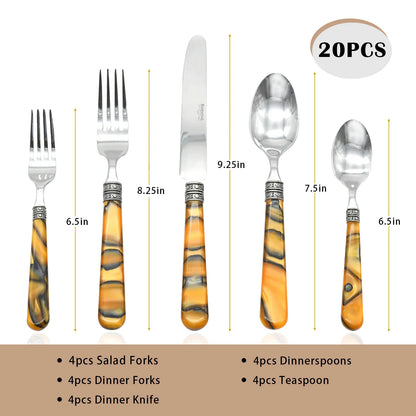 20-Piece Tortoise Shell Stainless Steel Flatware Set in a coordinated place setting with decorative tortoise shell flatware