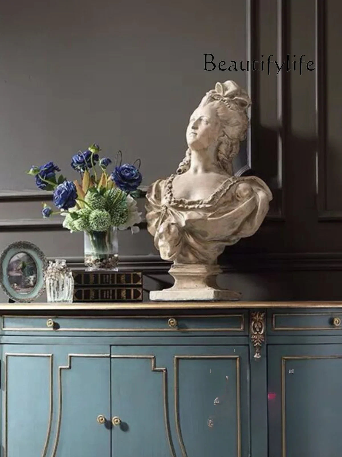Elegant Blue & Gold French-American Style Sideboard Cabinet with frosted granite surface; a modern blue and gold sideboard that enhances home aesthetics.