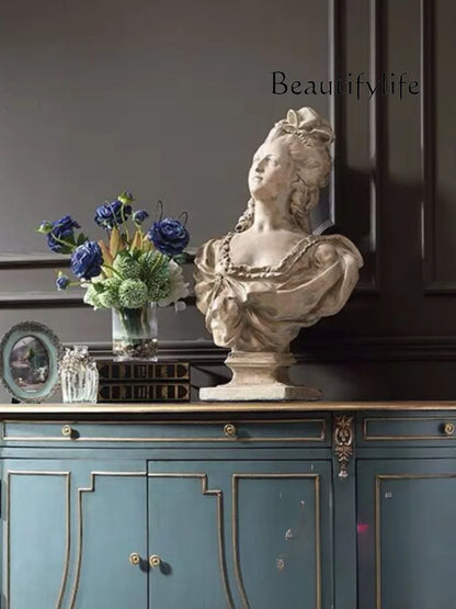 Elegant Blue & Gold French-American Style Sideboard Cabinet with frosted granite surface; a modern blue and gold sideboard that enhances home aesthetics.