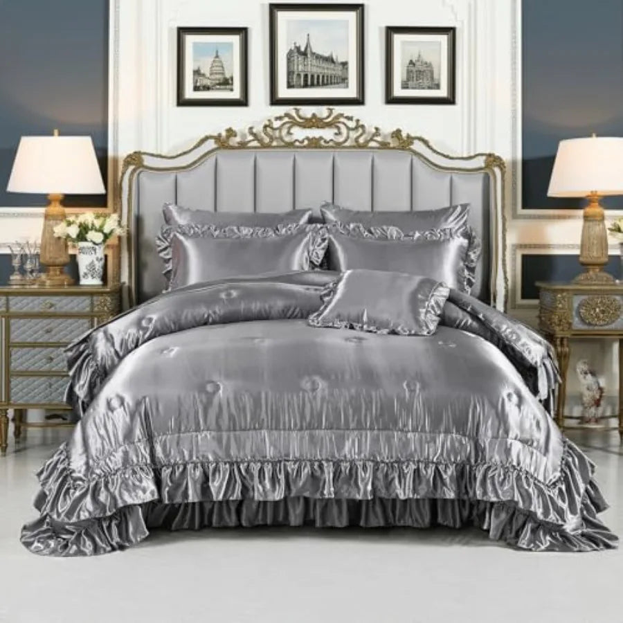 Complete Grey Satin Ruffle Comforter Set laid out, featuring all 8 pieces including sheets and pillowcases for a cohesive bedroom style.