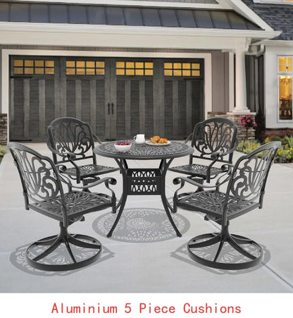   3 or 5-Piece All-Weather Black Cast Aluminum Patio Set w/Swivel Chairs & Cushions