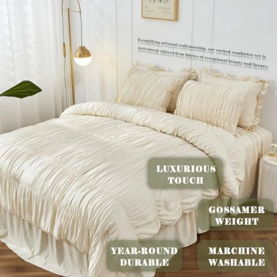 Close-up of the ultra-soft ruffle comforter from the Ruched Comforter Set, featuring luxury farmhouse comforter aesthetics.