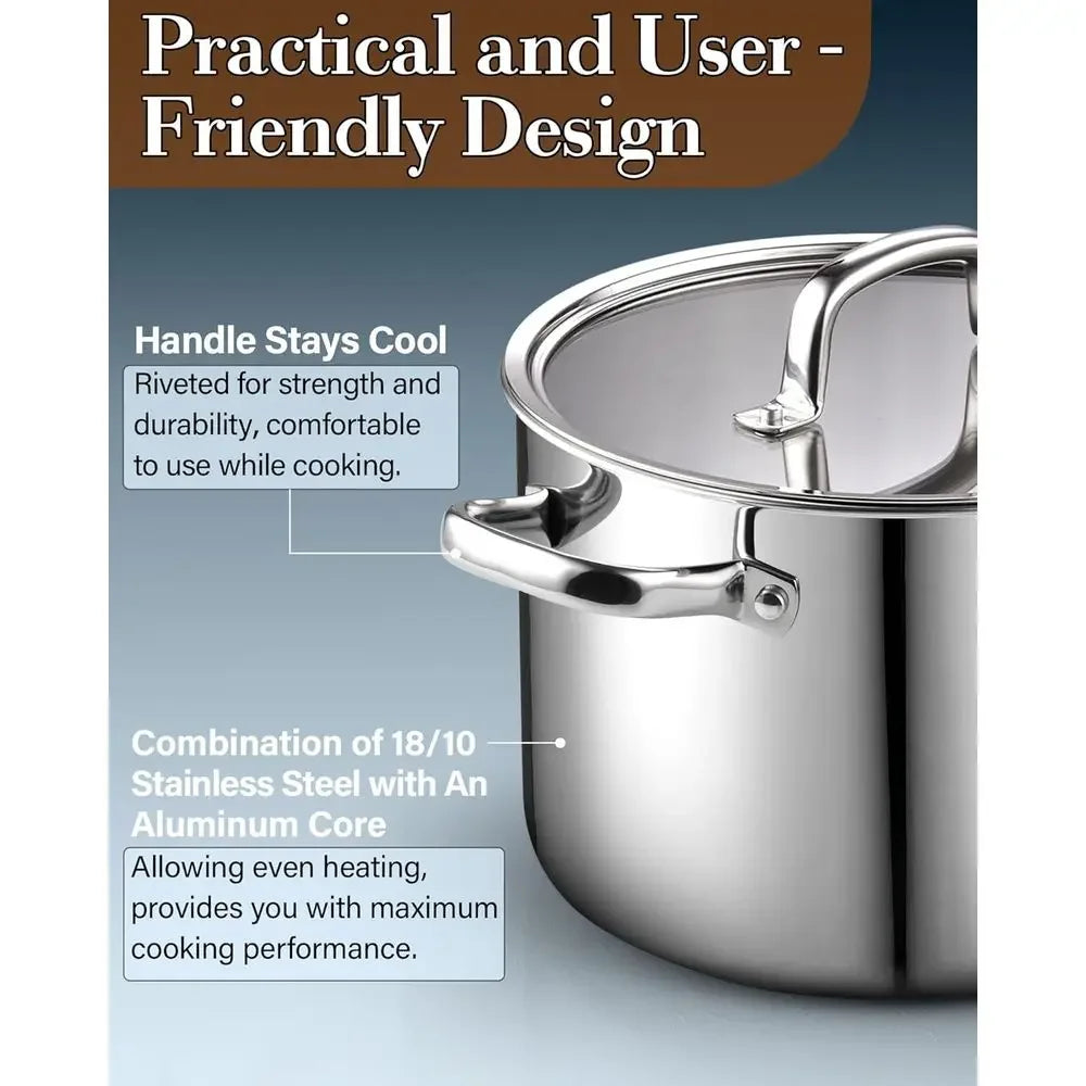 HomelyOasis 12-Qt. large stainless steel stockpot being filled with ingredients, showcasing its spacious capacity for meal prep.