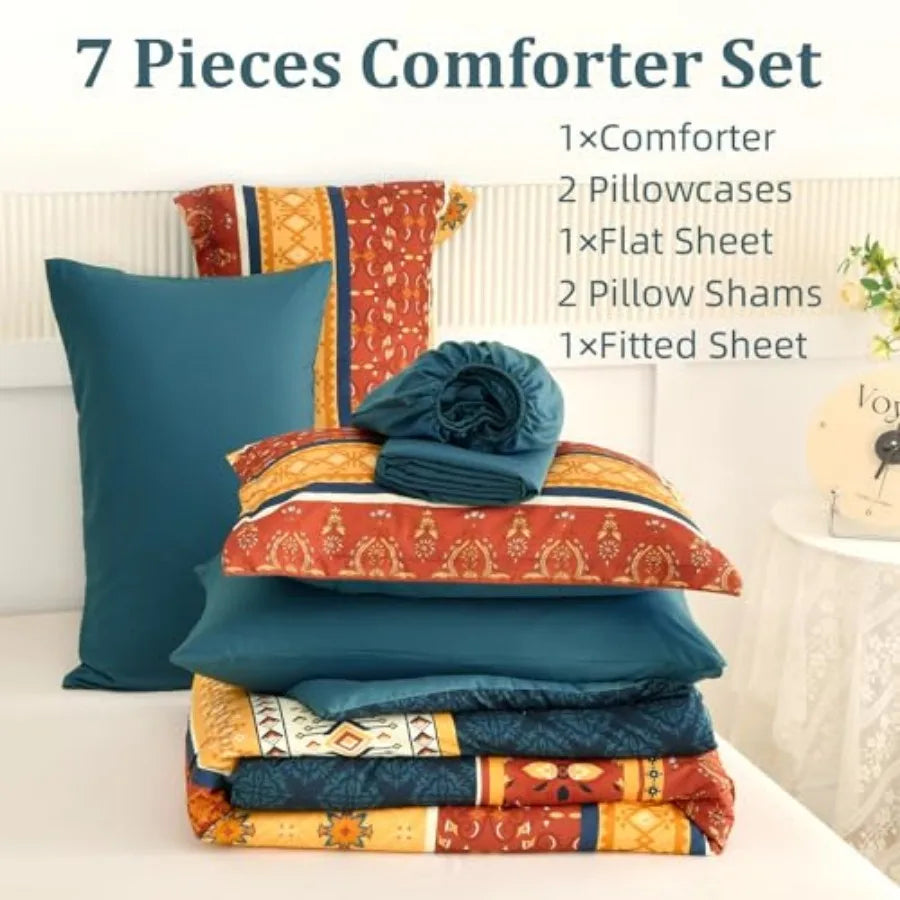 Top-down perspective of the Boho King Comforter Set, showing the vibrant burnt orange color and stripe design.