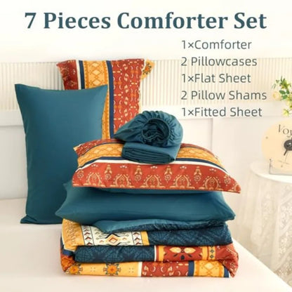 Top-down perspective of the Boho King Comforter Set, showing the vibrant burnt orange color and stripe design.