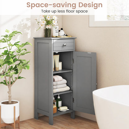 Slim Grey Bathroom Storage Cabinet placed beside a toilet, demonstrating its utility as a narrow 14" gray freestanding organizer for tight corners.