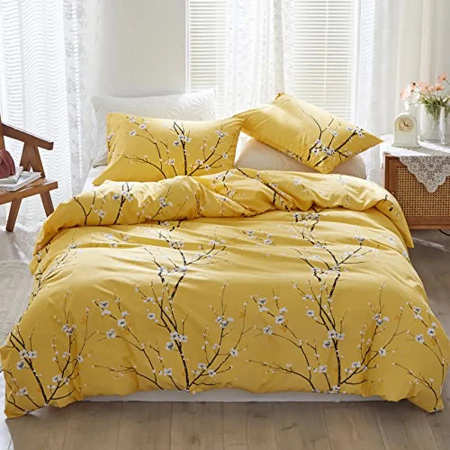 A clean and modern bedroom decor featuring the Sage Green & Yellow Floral Duvet Cover Set Queen, highlighting its low maintenance and easy-care features.