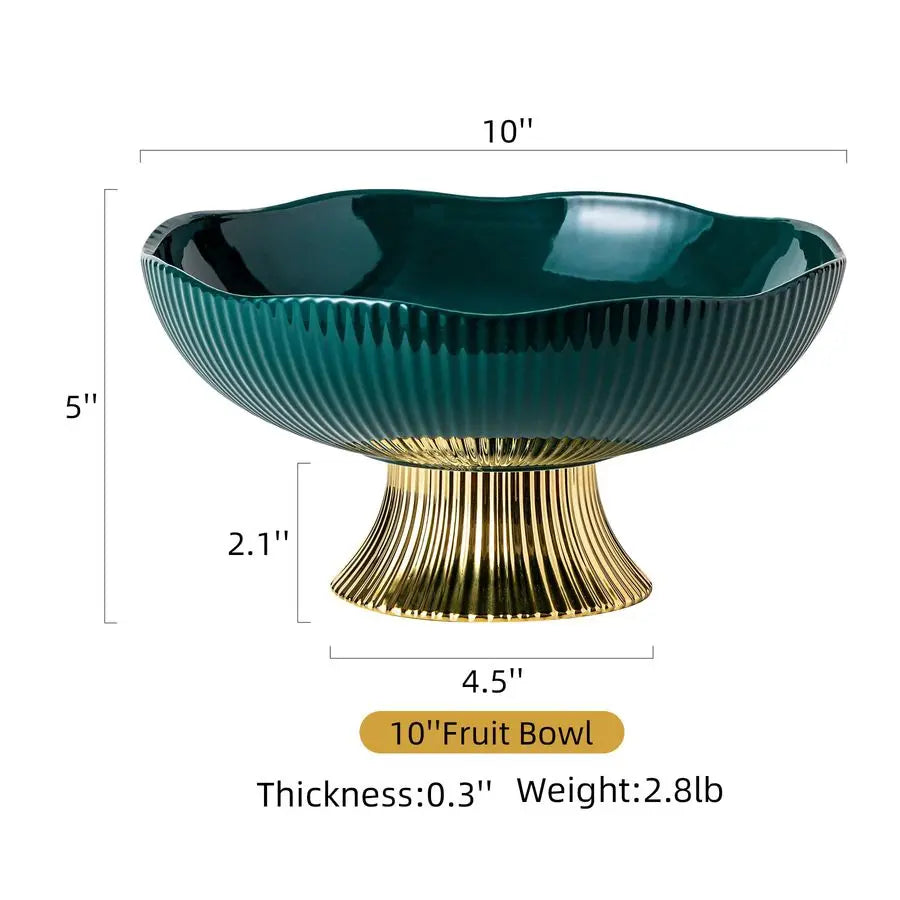 Top view of the Luxury Green Ceramic Pedestal Fruit Bowl with Gold Base – Elegant 10” Decorative Centerpiece filled with fresh fruits creating an appealing display.