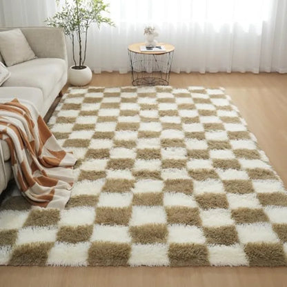 Fluffy & Plush 5' x 8' Beige and White Checkered Area Rug