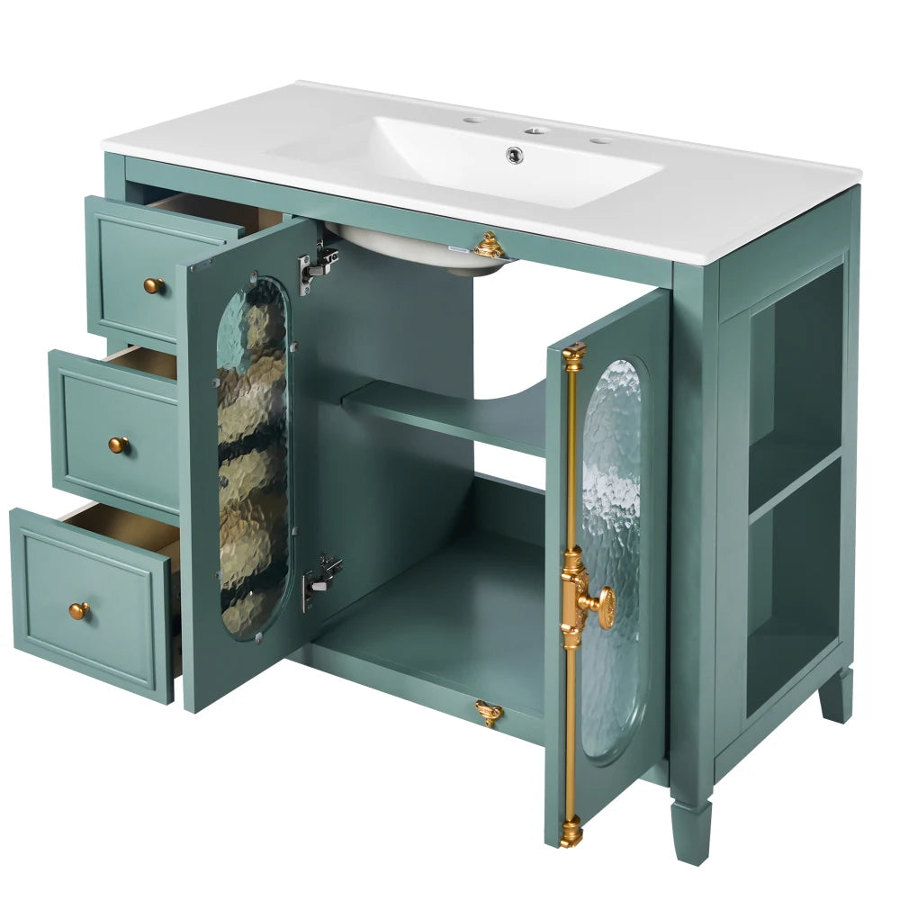 Modern 36" Double Glass Door Bathroom Cabinet w/Undermount Ceramic Sink