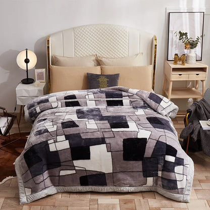 Korean Raschel 2-Ply Heavy Fleece Blanket, 78x90 Queen Size Reversible Geometric Plush Blanket shown in a blue floral design; reversible geometric blanket for plush bedroom styling.