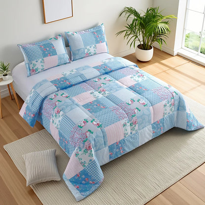 Luxury Blue Floral Quilt Set – Lightweight All-Season Comforter Bedding, Ultra-Soft Breathable Bed Set