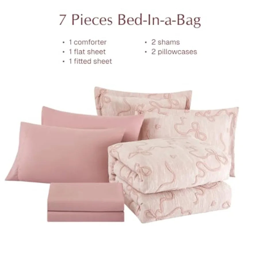 Casual styling of Luxury Blush Pink Bowknot Comforter Set with delicate bowknot design, showcasing the blush pink comforter set's charm.