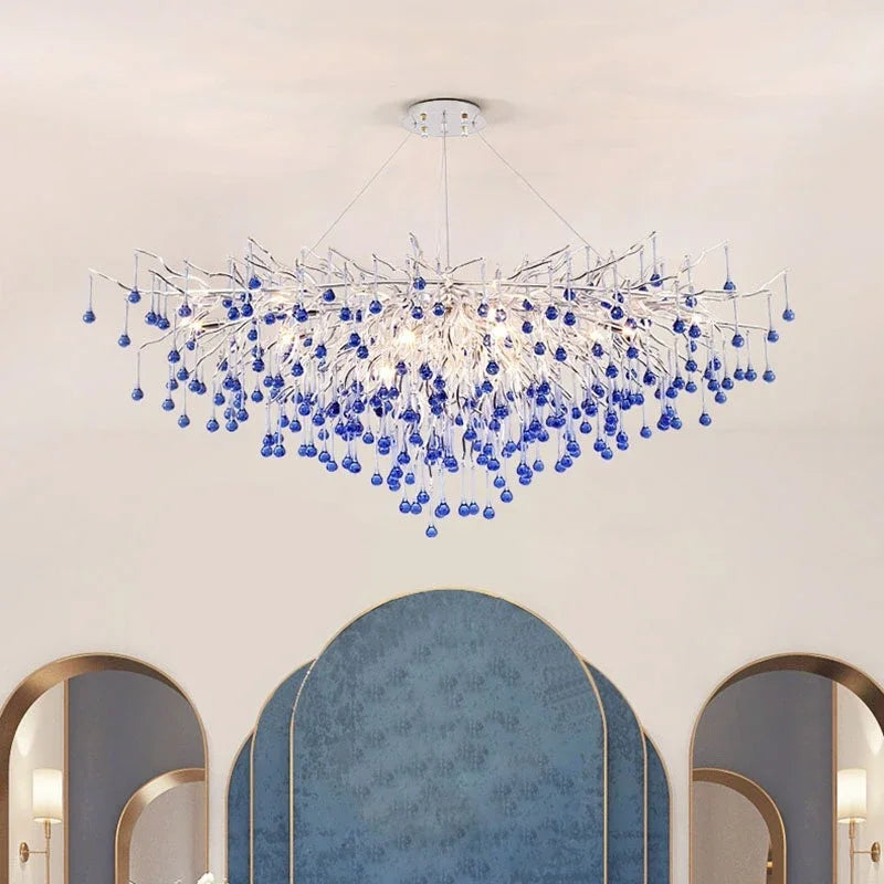 Luxury Chrome Branch  &  Silver Blue Crystal Ceiling Chandelier
