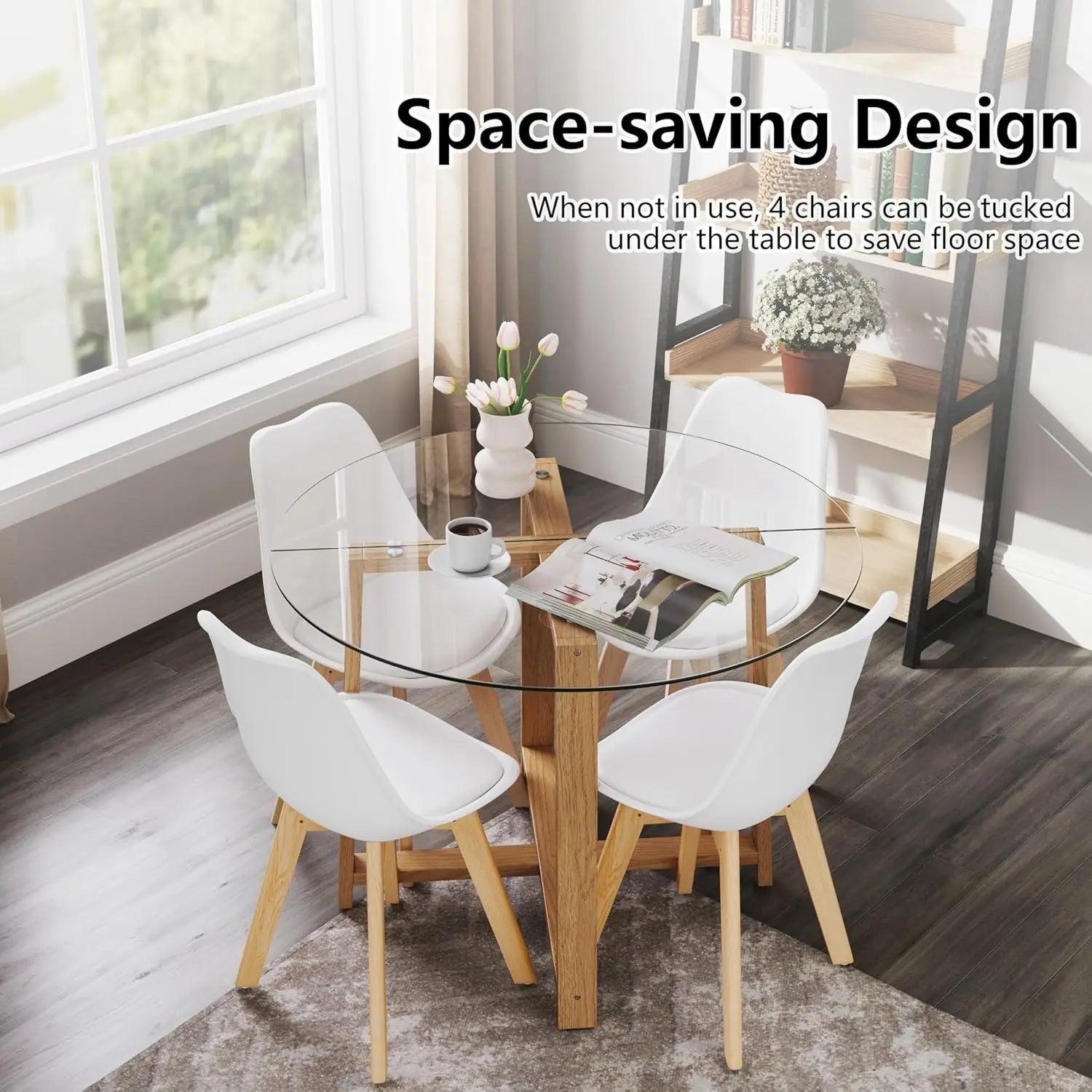 Modern 42” Round Glass Dining Table Set with Padded Chairs – Stylish Seating for 4–6 on a textured neutral rug with a ceramic centerpiece.