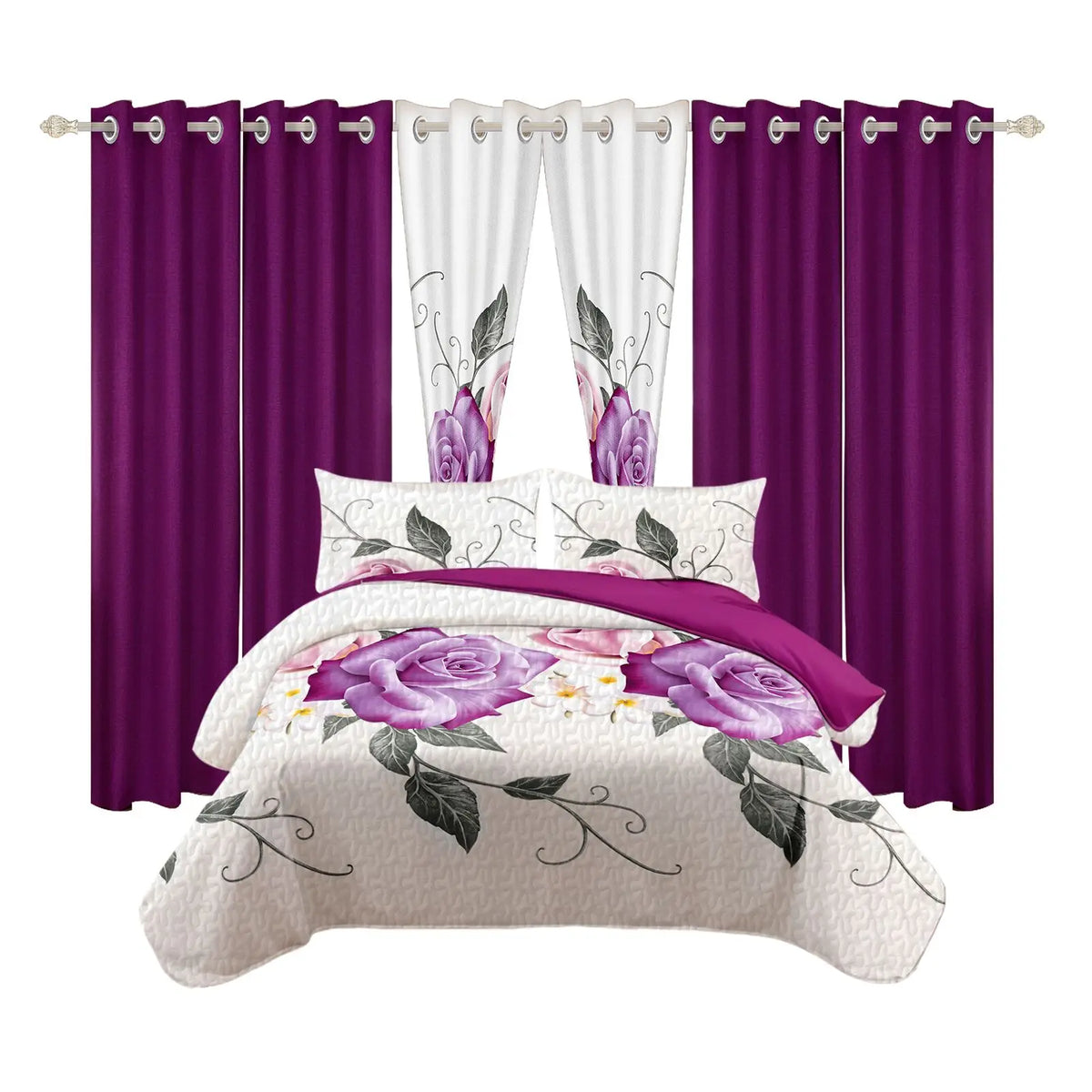 Queen 9-Piece Purple Rose Bedding and Curtain Set with Quilted Bedspread, Shams & Sheer Panels for a Complete Bedroom Refresh, purple and pink rose floral bedding set
