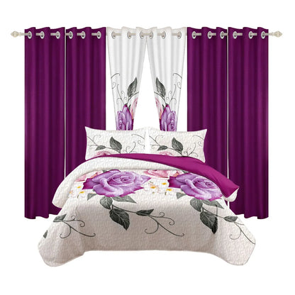 Queen 9-Piece Purple Rose Bedding and Curtain Set with Quilted Bedspread, Shams & Sheer Panels for a Complete Bedroom Refresh, purple and pink rose floral bedding set