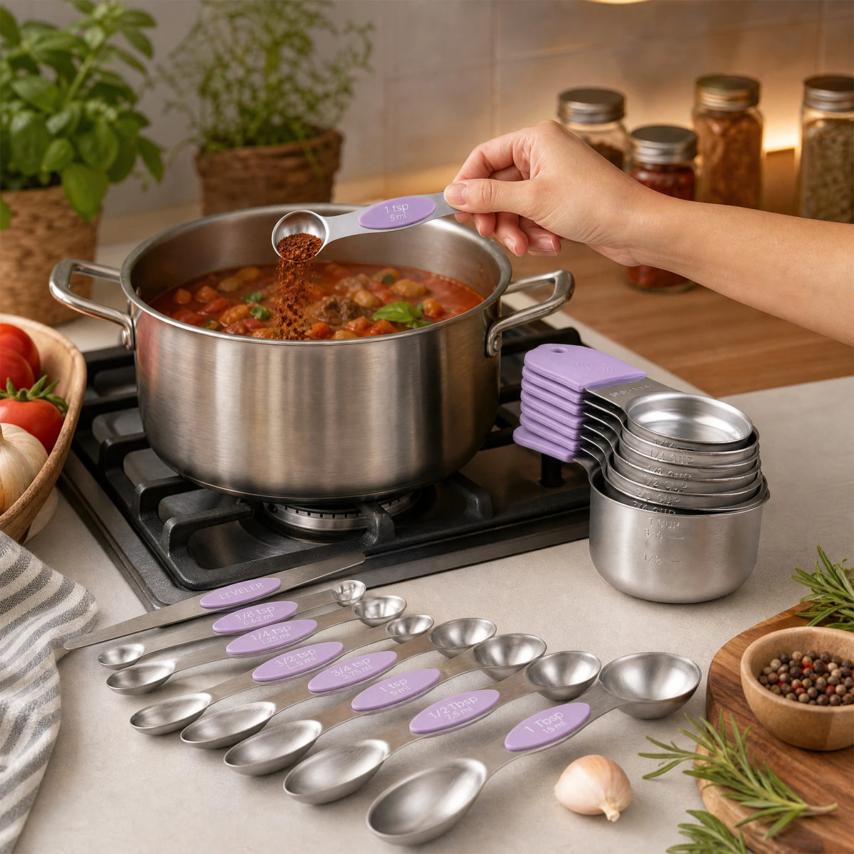 16-Piece Magnetic Measuring Cups and Spoons Set, 304 Stainless Steel with Purple Silicone Handles with engraved US and metric markings