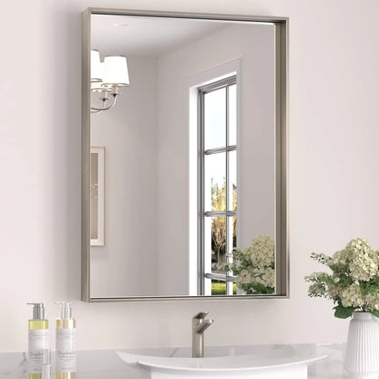 Modern Brushed Nickel Rectangular Bathroom Mirror