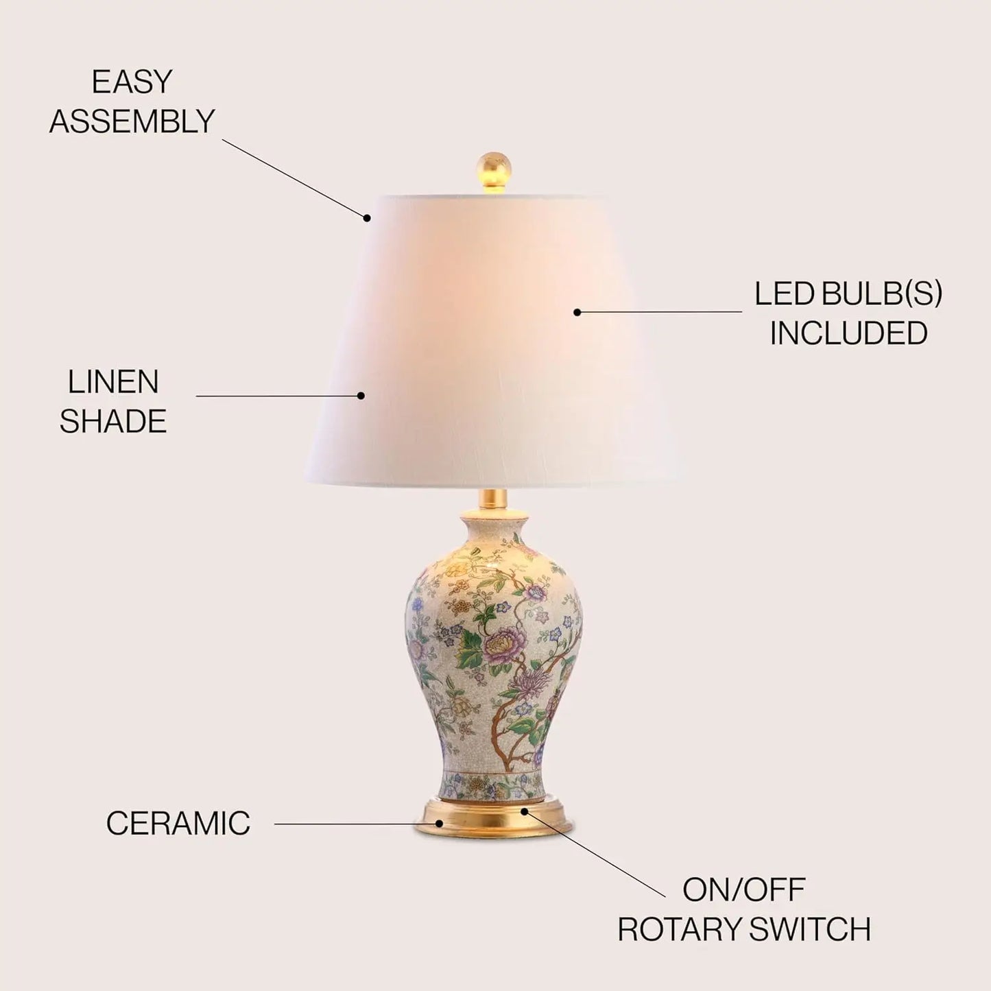 The Elegant 24" Multicolor Ceramic Floral LED Table Lamp with Golden Base illuminated, demonstrating its warm LED glow as a multicolor table lamp for living spaces.