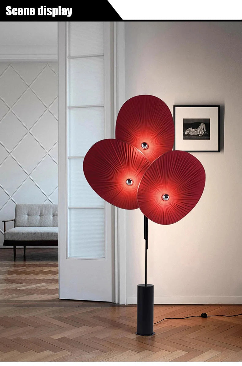Elegant Modern Triple Floral Floor Lamp shown in a contemporary living room setup.