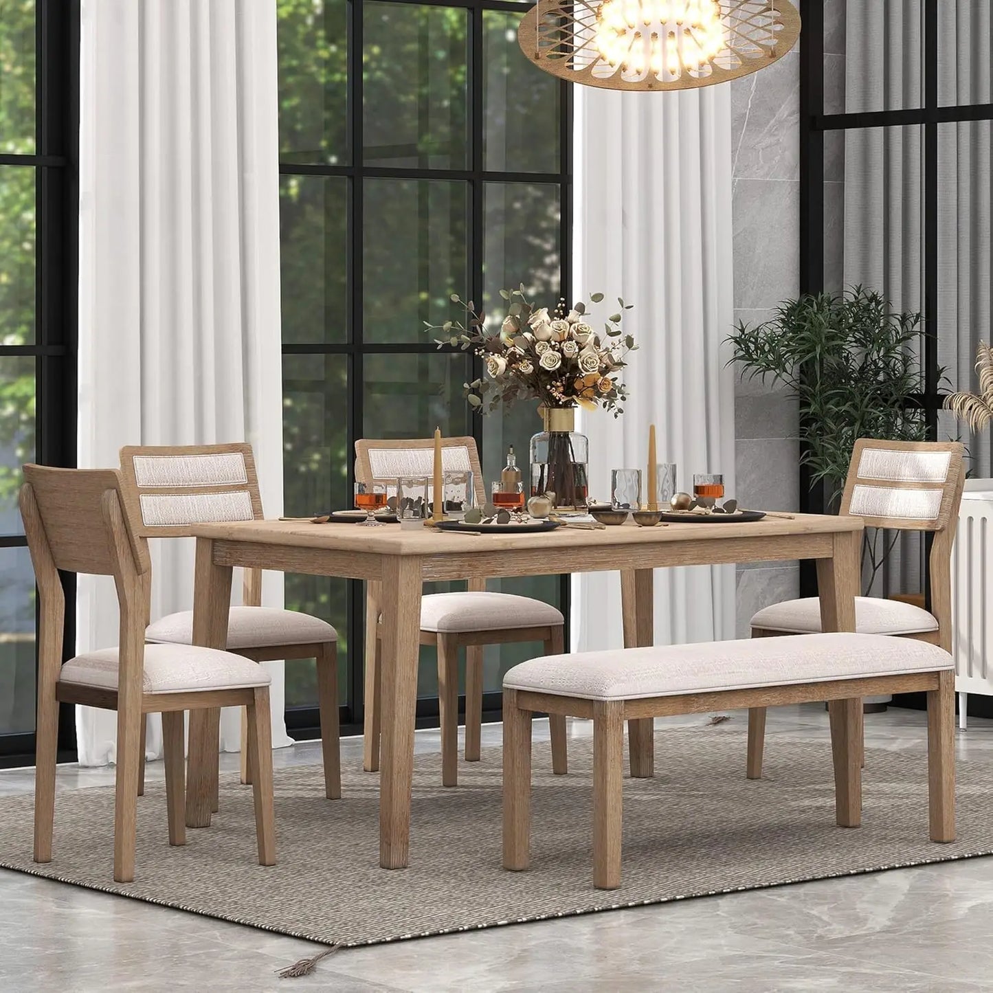 Complete view of the Retro 6-Piece Wood Dining Table Set for 6, showing off its rustic aesthetic and natural wood finishes.