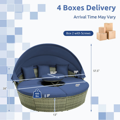 Round Wicker Patio Daybed w/Retractable Canopy