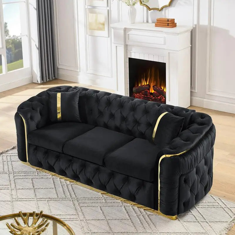 Luxury Black Velvet Button Tufted Sofa w/Gold Stainless Steel Accents