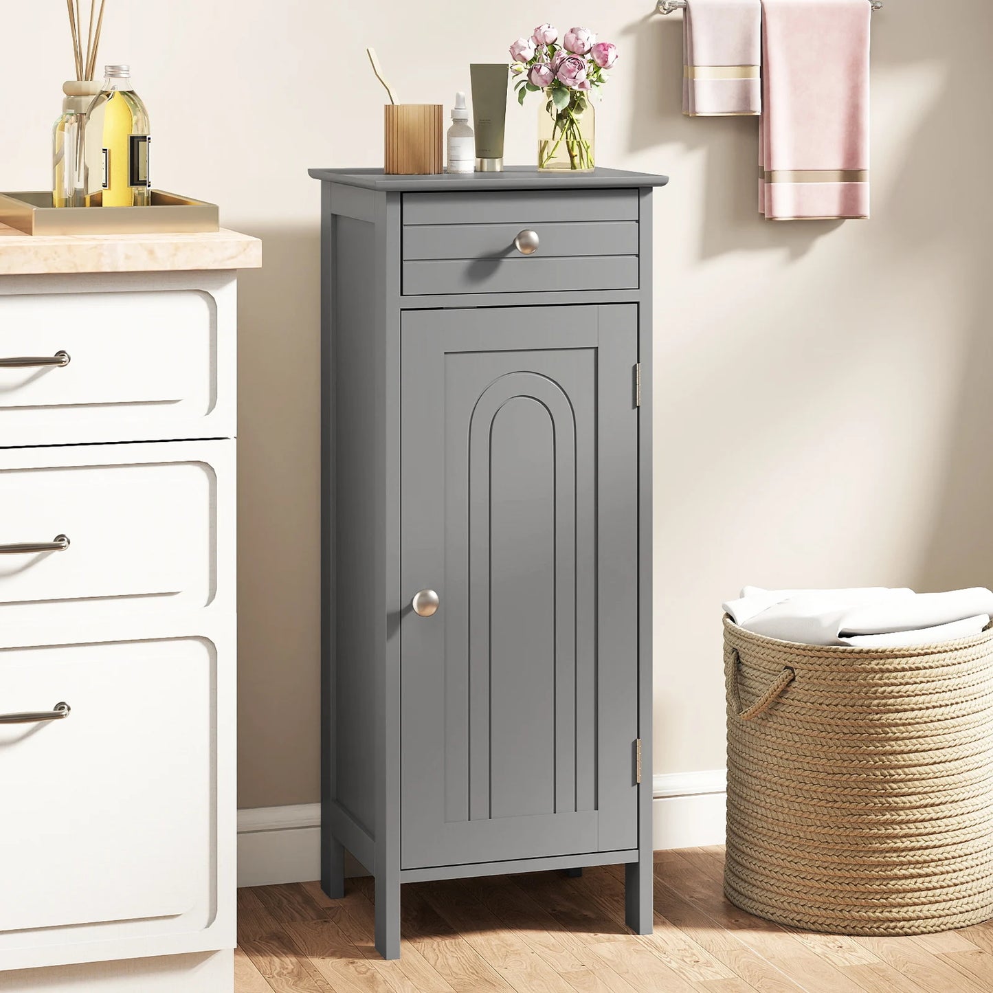 Side view of Slim Grey Bathroom Storage Cabinet, showcasing the sleek design of this narrow 14" gray freestanding organizer perfect for small spaces.