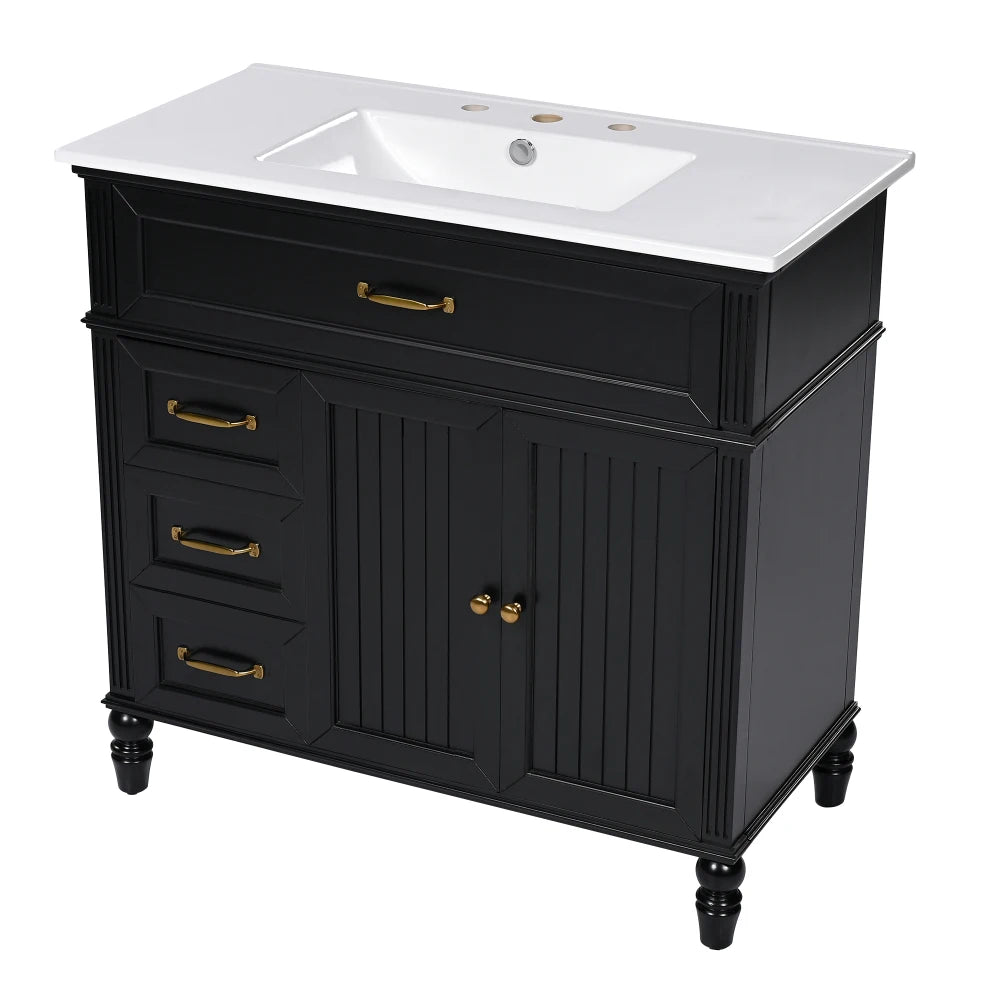 Freestanding 36" Black  Bathroom Vanity w/Retro Gold Handles & Ceramic Sink