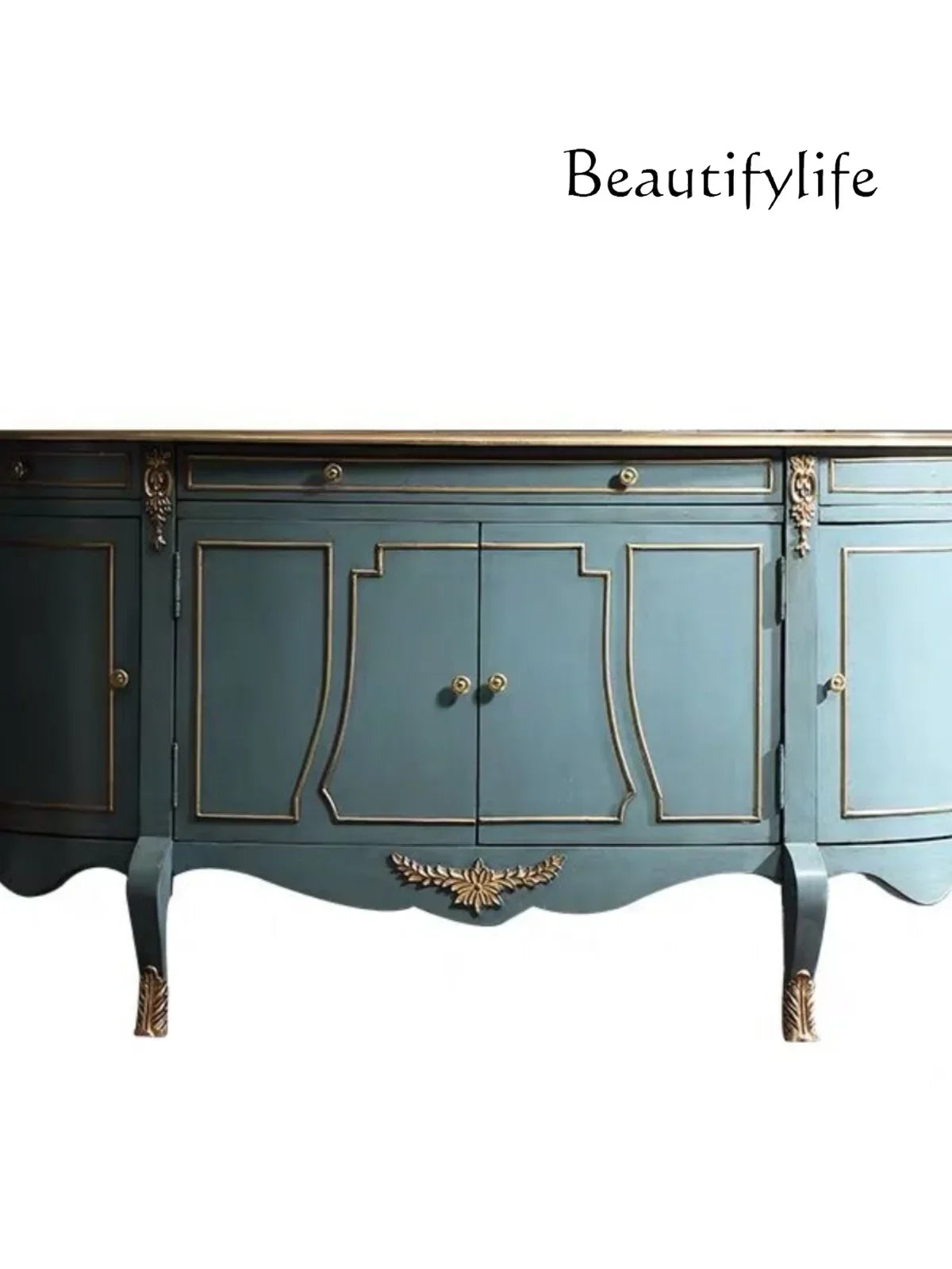 Close-up of Elegant Blue & Gold French-American Style Sideboard Cabinet highlighting the exquisite blue and gold finish; ideal blue and gold sideboard for a chic living space.