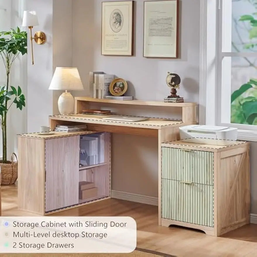 Modern L-shaped Fluted Credenza Desk w/Storage Cabinet & Drawers