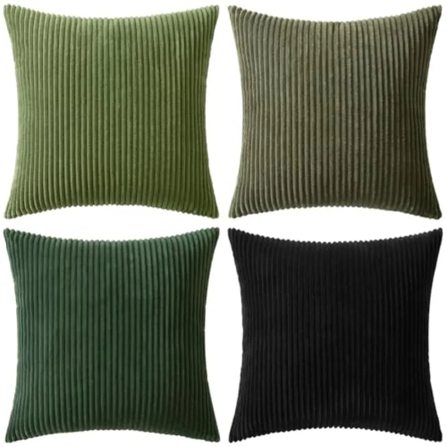 Four square ribbed corduroy throw pillows arranged in a 2x2 grid on a white background, showing green, olive green, dark green, and black color options.