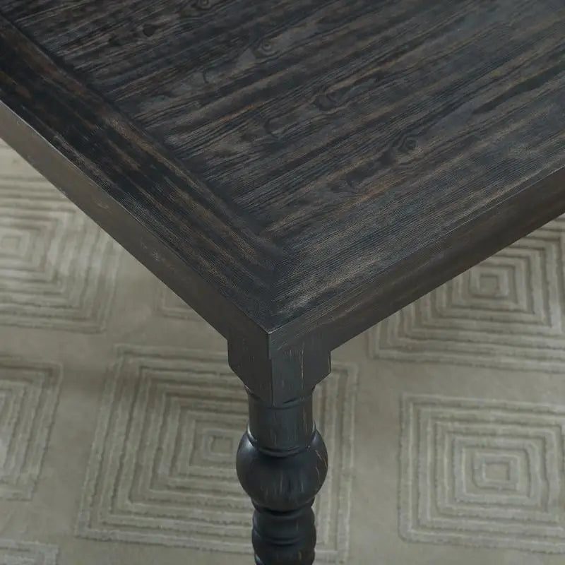 Full view of the Urban Style 7-Piece Dark-Wash Wood Dining Set set up for a family dinner, highlighting its rustic charm.