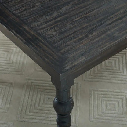 Full view of the Urban Style 7-Piece Dark-Wash Wood Dining Set set up for a family dinner, highlighting its rustic charm.