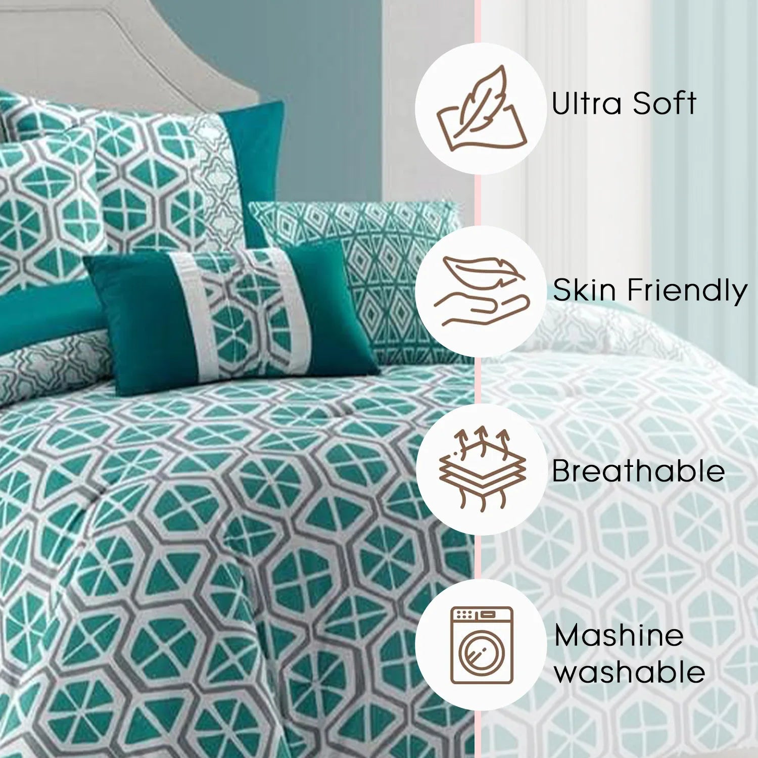 Complete bedding arrangement with Queen/King Polyester 6-Piece Comforter Set in Green Floral pattern from HomelyOasis
